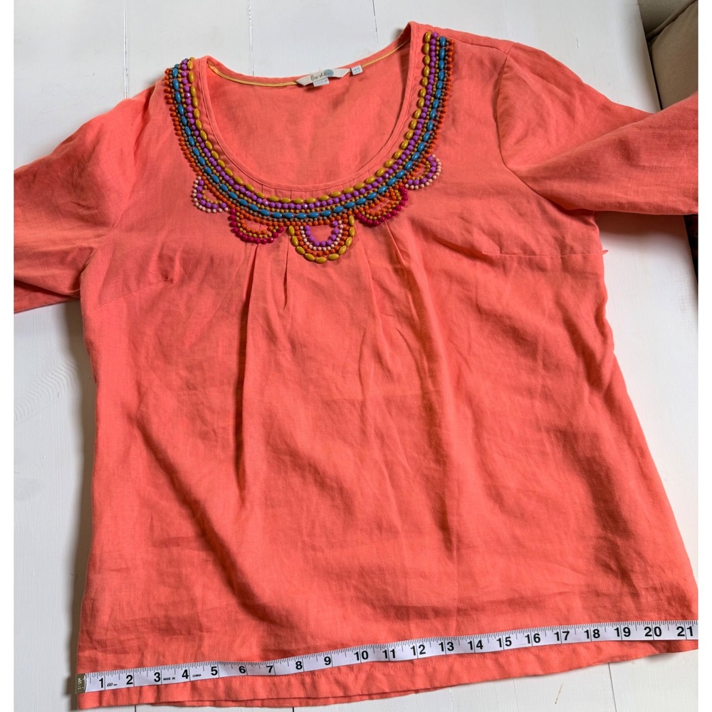 Boden Vibrant Orange Intricate Linen Beaded Neckline Blouse 3/4 Boho Top - Picture 9 of 12
